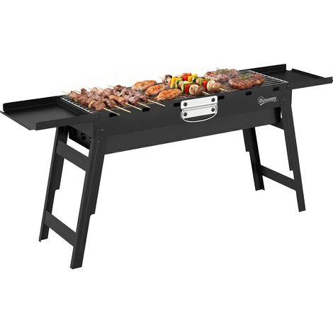 Outsunny BBQ Grill, Charcoal Barbecue with 2 Side Shelves and Handle, Black