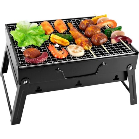 Mini portable folding charcoal barbecue, dimensions: 35 x 27 x 19.5 cm, ideal for the garden, balcony, travel and camping – Black