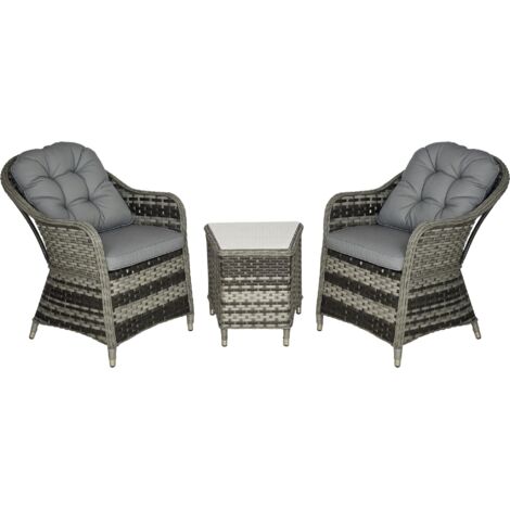Outsunny 3 PCS Aluminium Rattan Bistro Set with Soft Cushions & Glass Top