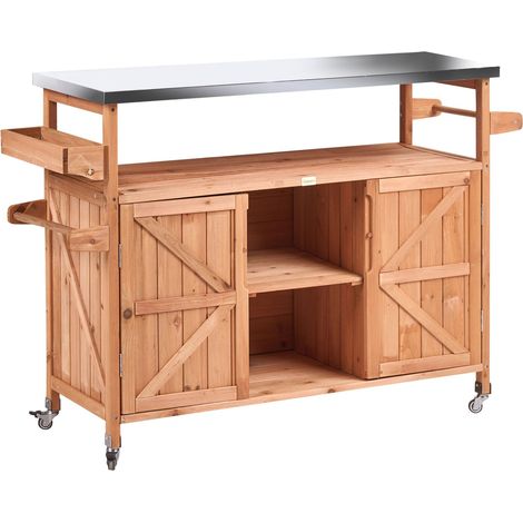 Outdoor Kitchen Island Brown Fir Wood 2 Doors Open Shelves Steel Top 128 x 47 x 85 cm Garden Kitchen with Wheels SCANNO