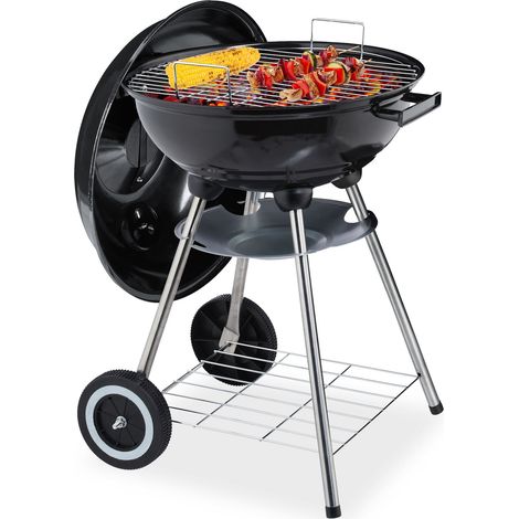 Relaxdays Steel Barbecue, with Lid & Shelf, Portable on Wheels, Garden & Camping, Grill ∅ 40 cm, Charcoal & Wood, Black