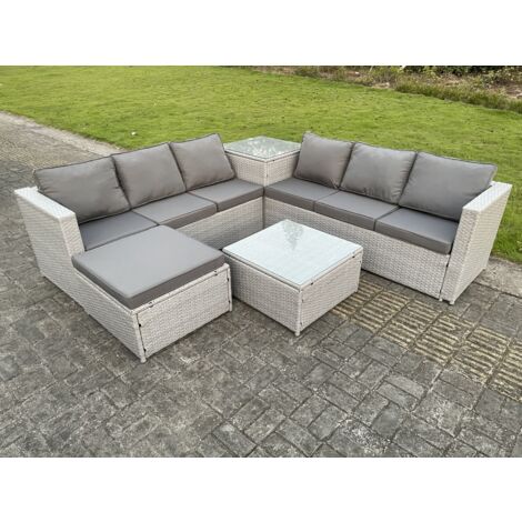Fimous 7 Seater PE Wicker Light Grey Rattan Garden Corner Furniture Sofa Sets Outdoor Patio Furniture Big Footstool Coffee Table