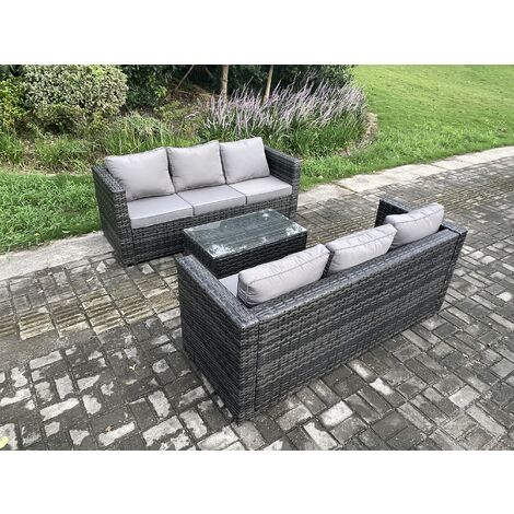 Fimous 6 Seater Rattan Garden Furniture Set Outdoor Patio Sofa Set with Oblong Table Dark Grey Mixed