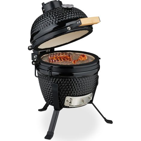 Relaxdays Kamado Barbecue, Ø 26 cm, Ceramic BBQ Grill, with Thermometer up to 450°C, Outdoor Cooking, Smoker, Egg, Black
