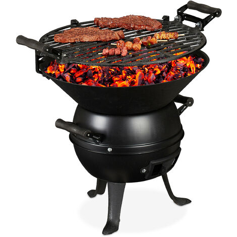 Relaxdays charcoal BBQ, cast iron and steel, height adjustable cooking grill, portable barbeque, barbecue, black