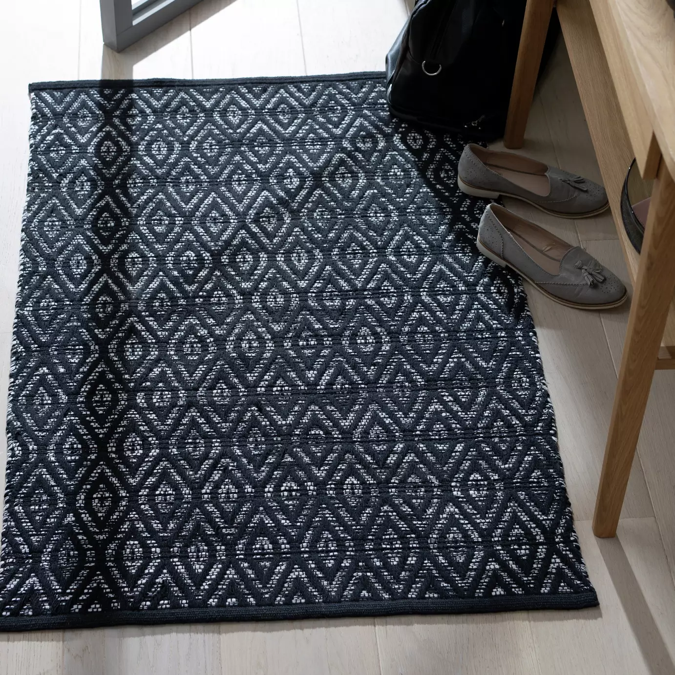 Geometric Black Cotton Rug - 80x110cm