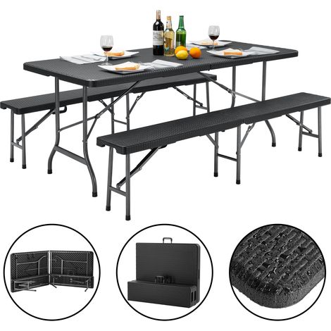 CASARIA® Malmö 3Pc Garden Trestle Table & Bench Set 180cm Foldable Outdoor Furniture Plastic Top w/Steel Frame Picnics BBQ Parties Portable Lightweight