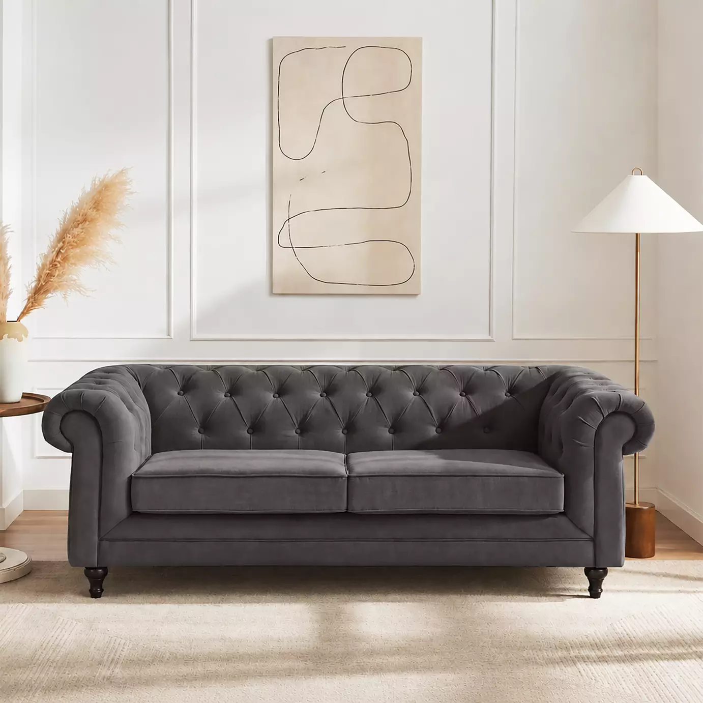 Chesterfield Velvet 3 Seater Sofa - Charcoal