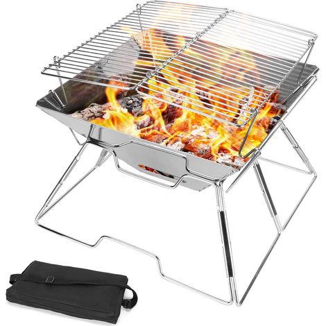Foldable Camping Fire Pit, 304 Stainless Steel Grill, Stainless Steel Clip, Heavy Duty Portable Camping Grill with Carry Bag for Bonfire, Camping, Picnic