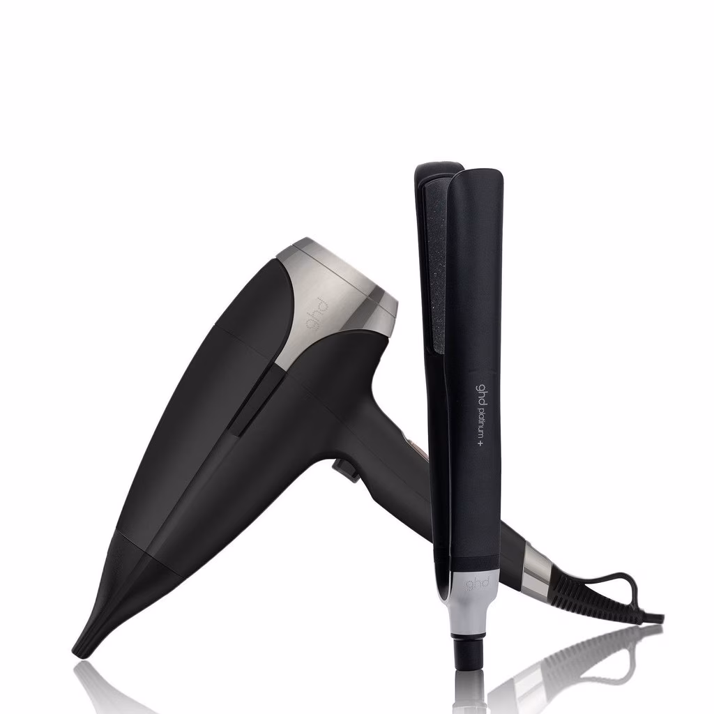 GHD PLATINUM+ HAIR STRAIGHTENER & GHD HELIOS HAIR DRYER BUNDLE IN BLACK