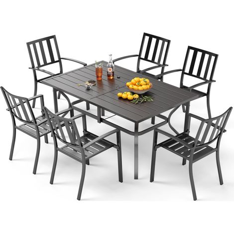 PHI VILLA 7 Piece Garden Furniture Set, Rectangular Metal Table with Umbrella Hole and 6 Stackable Garden Chairs, Outdoor Patio Dining Set
