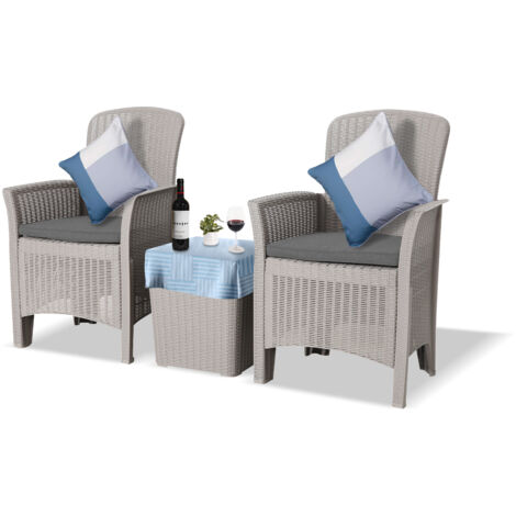 Homeology OPHELIA 3-Piece Rattan Garden Furniture High Back Armchair Set with Side Table in Grey
