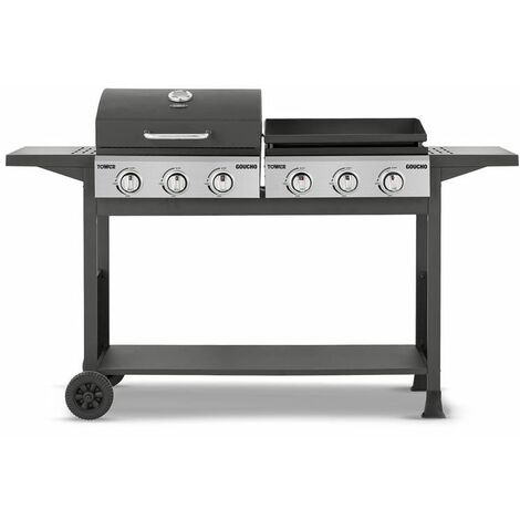 Tower Goucho T978544 6 Burner Gas BBQ and Plancha with Precision Heat Thermometer and Waterproof Cover, Black