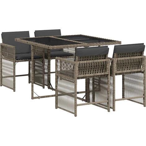 5 Piece Garden Dining Set with Cushions Grey Poly Rattan vidaXL