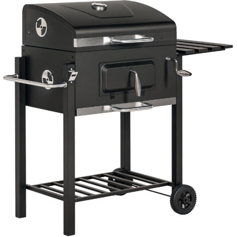 Outsunny Charcoal Grill BBQ Trolley Wheels Shelf Side Thermometer Steel Black