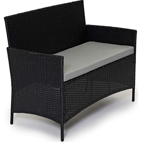 EVRE Black Rattan Garden Furniture Set Patio Conservatory Balcony Indoor Outdoor 4 Seater Piece Glass Top Coffee Table Modular Sofa Loveseat with Cushions