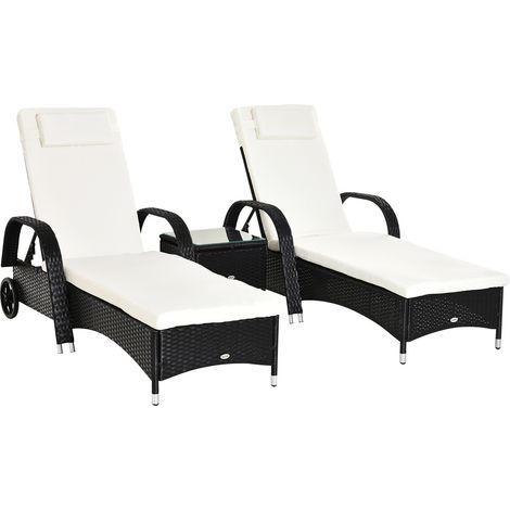 Outsunny 3 PCS Rattan Lounger Recliner Bed Garden Furniture Set w/ Side Table