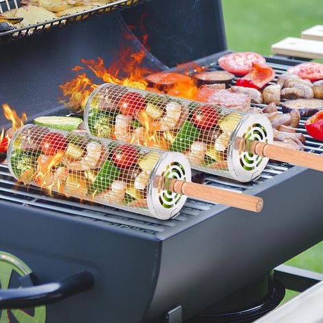 Pack of 2 cylindrical grill baskets, stainless steel rolling grill basket, portable roll-up grill basket with wooden handle for outdoor camping grill accessories