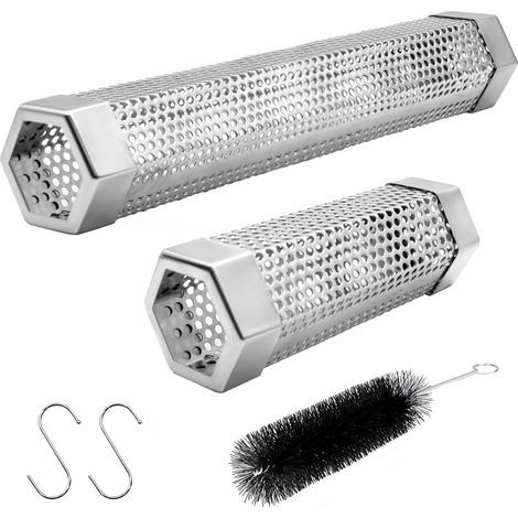 Set of 6-inch and 12-inch stainless steel pellet smoking tubes for BBQ with brush and 2 hooks for 2.5 hours/5 hours cold/hot inflation for all BBQs or