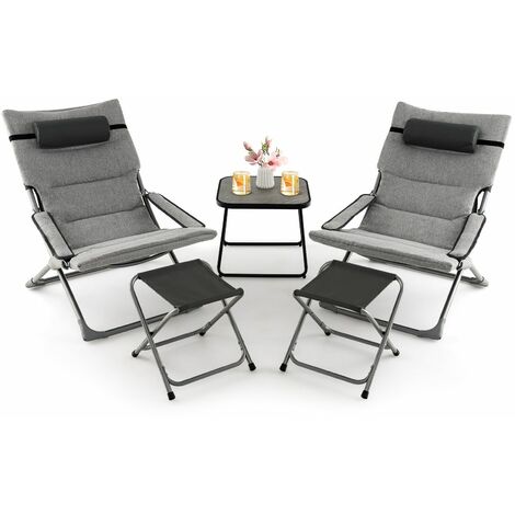 5pcs Patio Folding Sling Chair Set Ottoman Table Portable Headrest Outdoor Beach